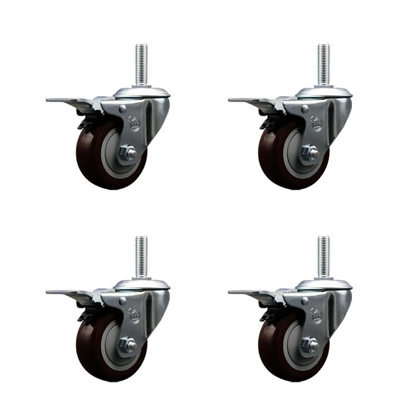 Service Caster 3 Inch Maroon Polyurethane Swivel 34 Inch Threaded Stem Caster Set with Total Lock Brake SCC-TSTTL20S314-PPUB-MRN-34212-4 - main